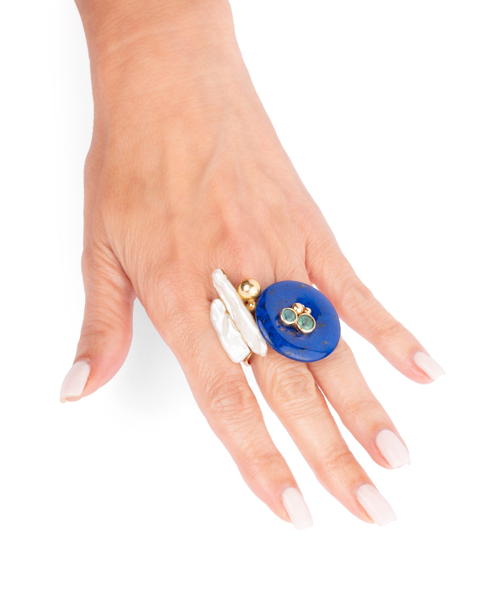 Jean Vendôme, Bague Cocktail Vintage, Or jaune 18K, lapis lazuli, Emeraudes, Perle