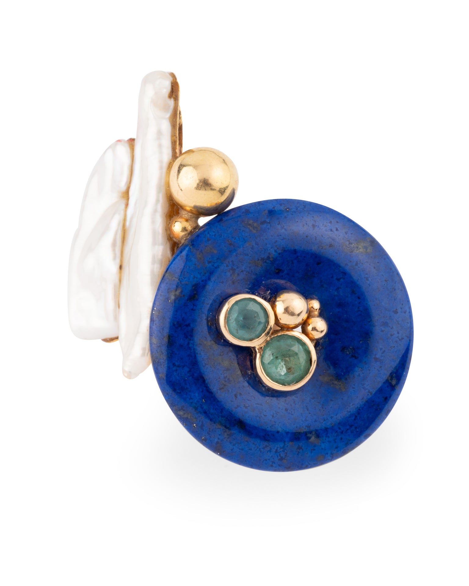 Jean Vendôme, Vintage Cocktail Ring, 18K Yellow Gold, Lapis Lazuli, Emeralds, Pearl