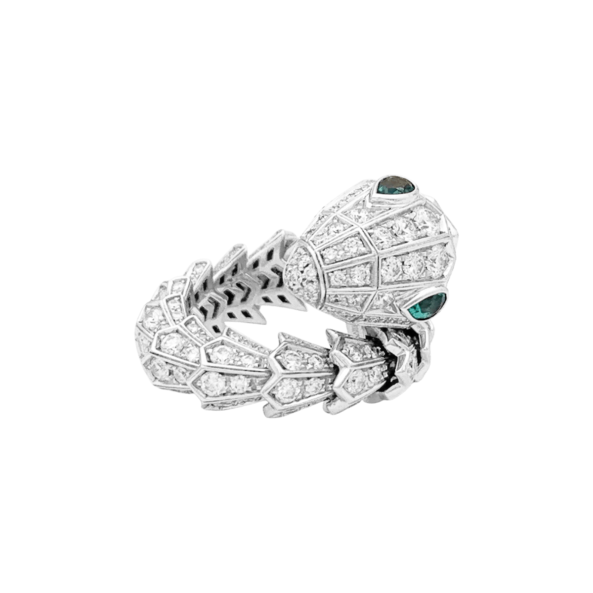 Bague BULGARI "Serpenti", en or blanc, diamants et émeraudes. - Maison Eloe