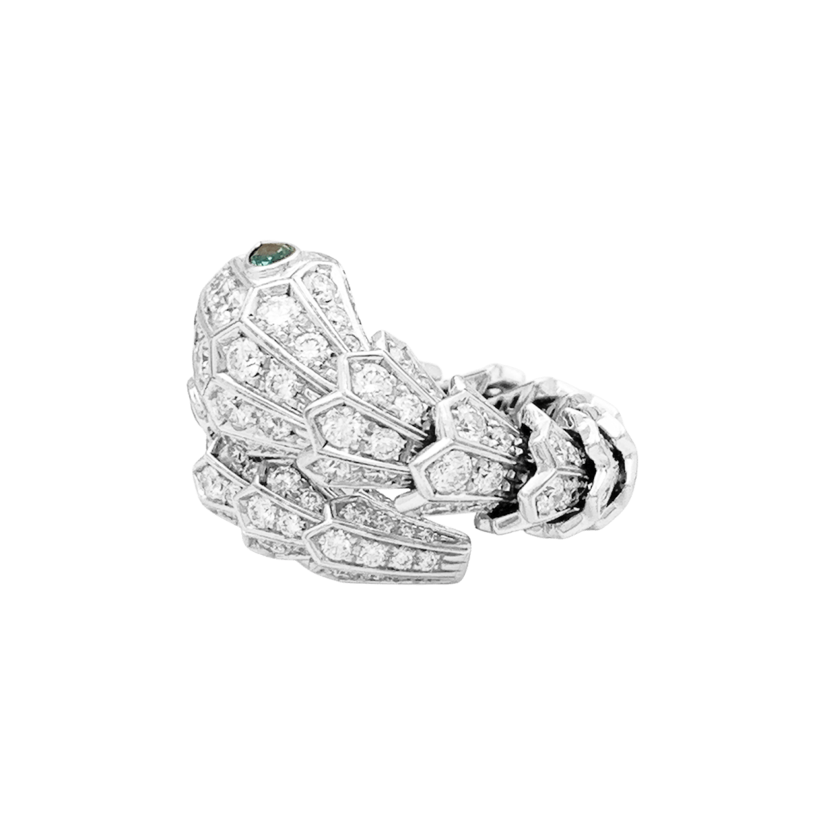 Bague BULGARI "Serpenti", en or blanc, diamants et émeraudes. - Maison Eloe