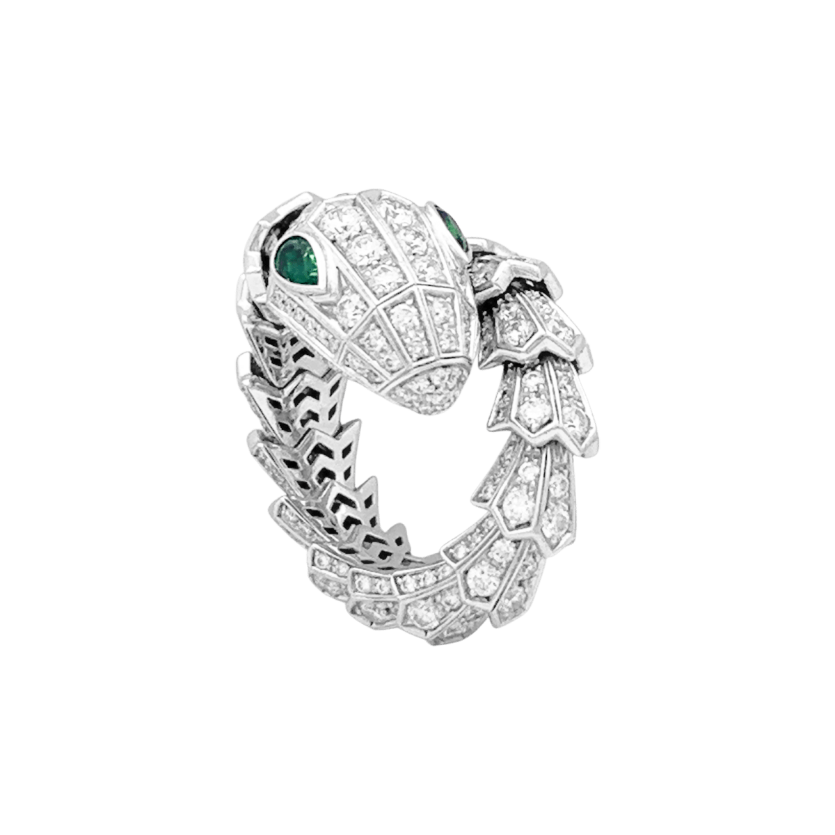 Bague BULGARI "Serpenti", en or blanc, diamants et émeraudes. - Maison Eloe