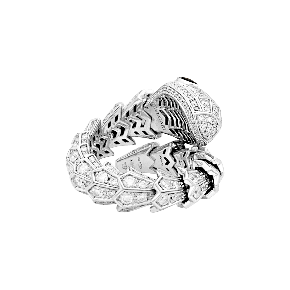 Bague BULGARI "Serpenti", en or blanc, diamants et émeraudes. - Maison Eloe