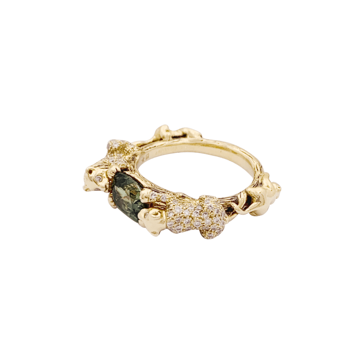 Bague Bibi Van Der Velden "Family Crest Lion" or jaune, diamants, saphir vert. - Maison Eloe