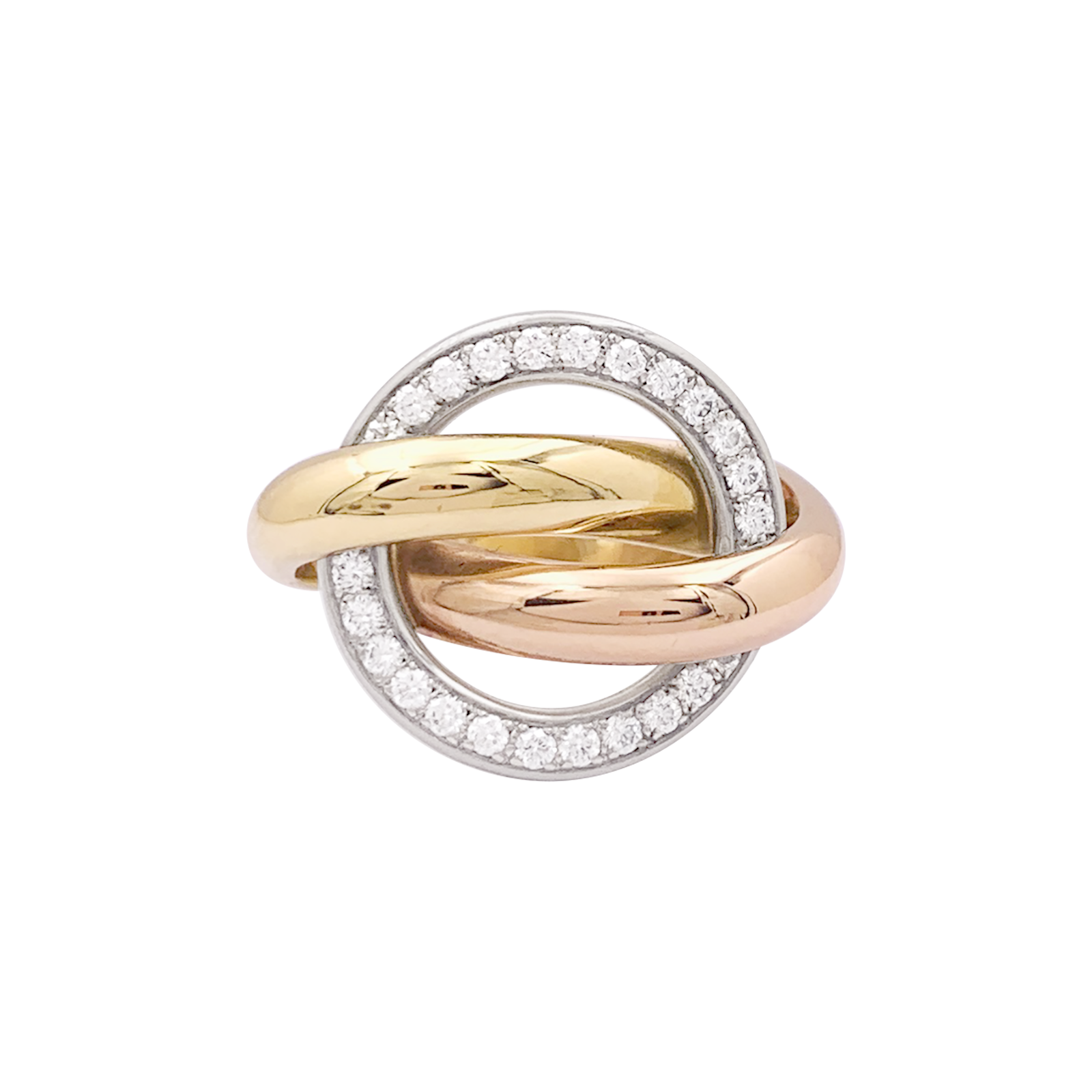 Bague Cartier "Trinity Crash" trois ors, diamants.