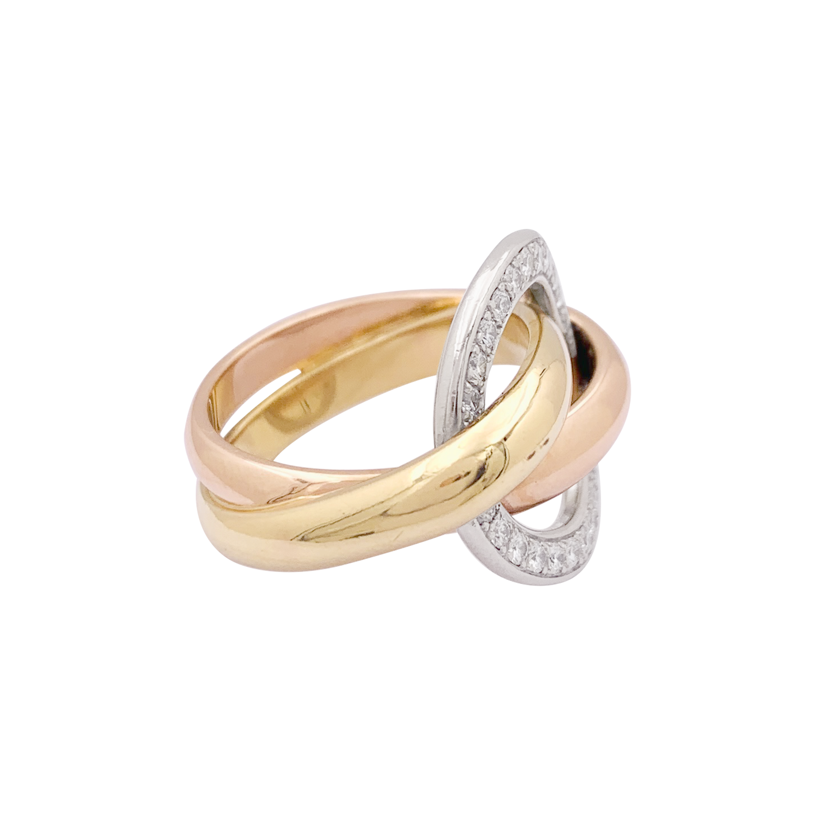Bague Cartier "Trinity Crash" trois ors, diamants.