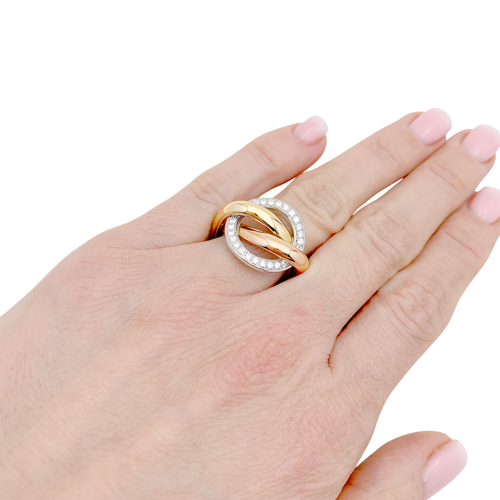 Bague Cartier "Trinity Crash" trois ors, diamants.