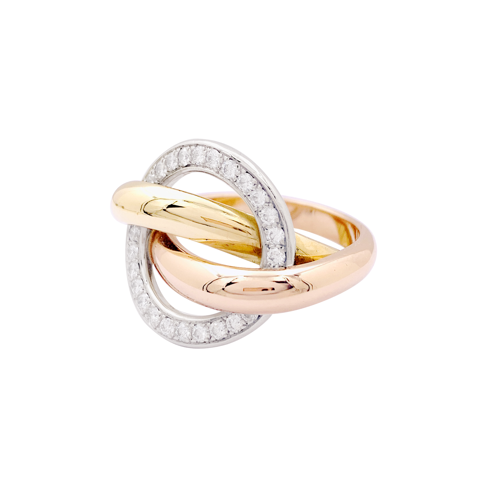 Bague Cartier "Trinity Crash" trois ors, diamants.