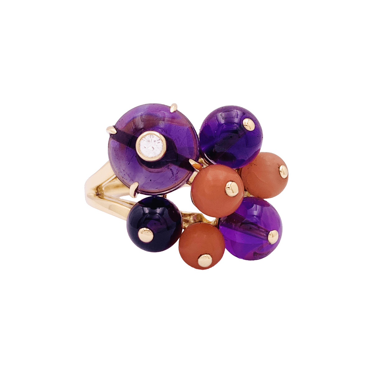Bague Cartier, "Délices de Goa", or jaune, diamant, corail, améthystes. - Maison Eloe