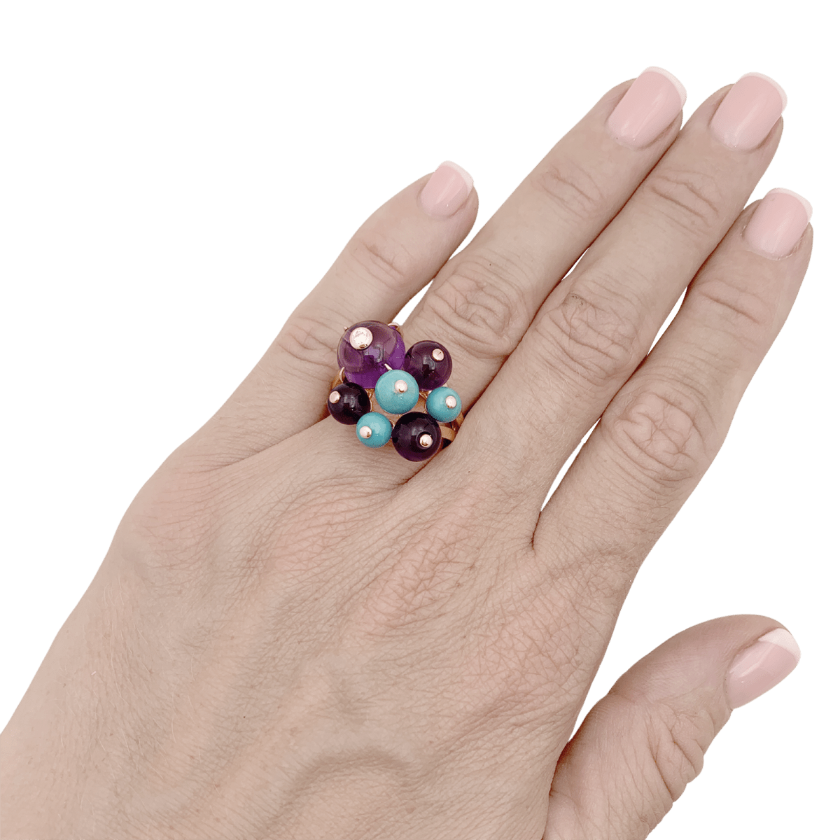 Bague Cartier, "Délices de Goa", or rose, diamant, turquoises, améthystes. - Maison Eloe
