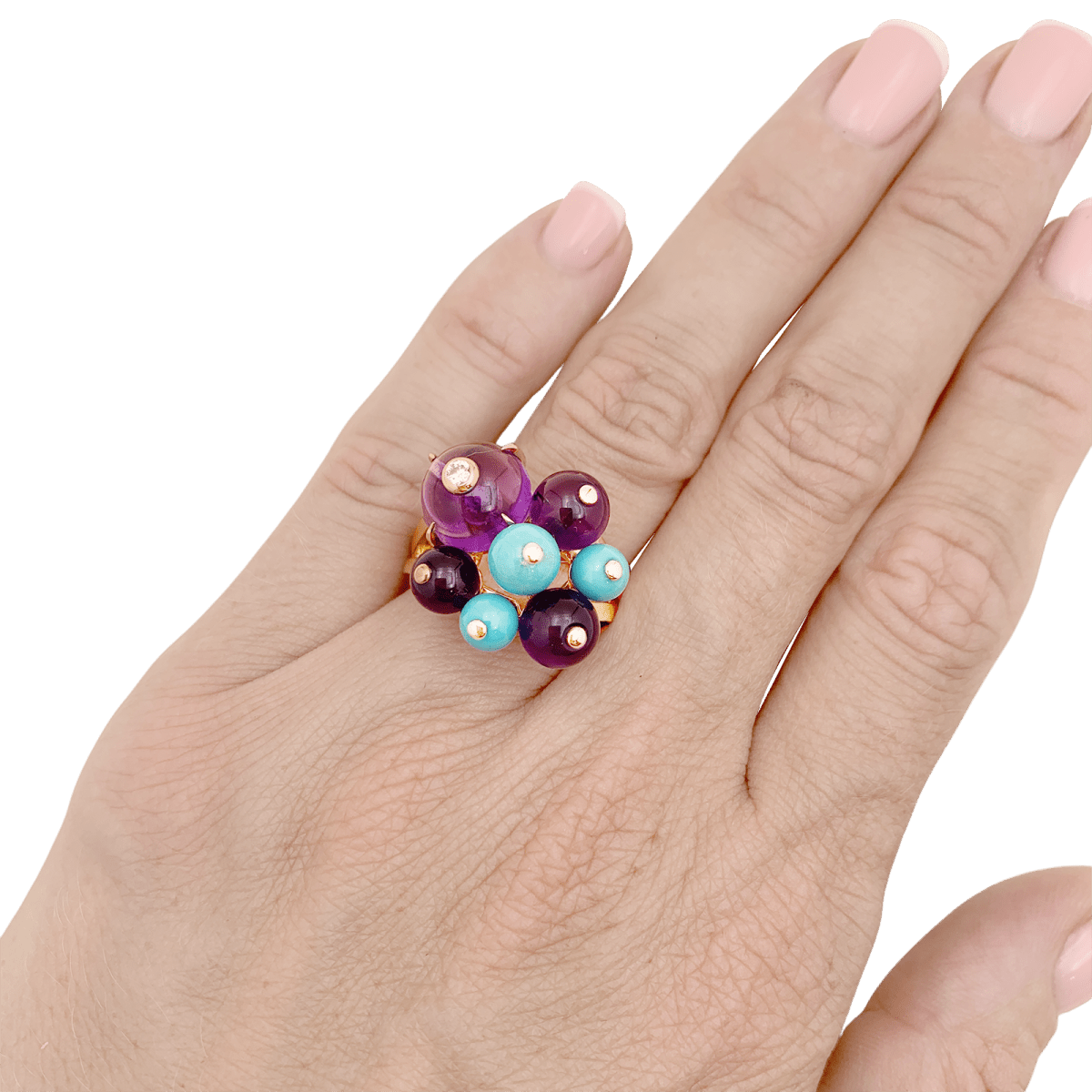 Bague Cartier, "Délices de Goa", or rose, diamant, turquoises, améthystes. - Maison Eloe