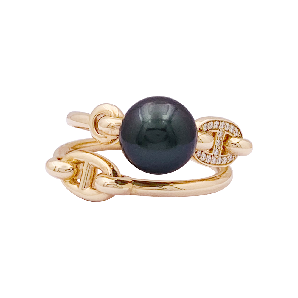 Bague Hermès "Albertine" or rose, diamants, perle grise.