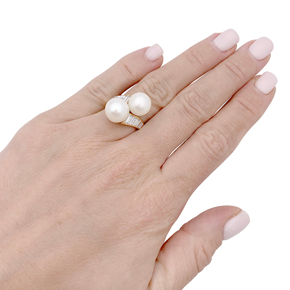 Mauboussin vintage pearl ring, yellow gold, diamonds.