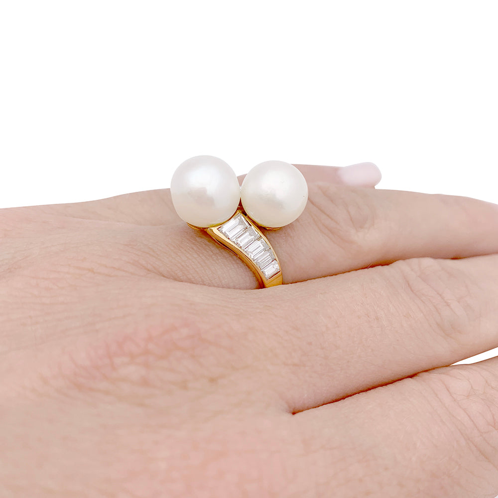 Mauboussin vintage pearl ring, yellow gold, diamonds.