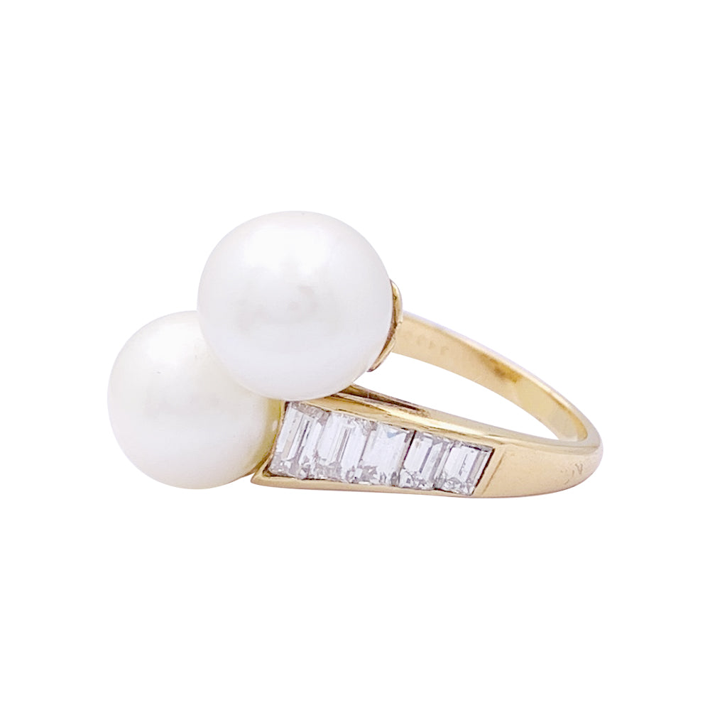Mauboussin vintage pearl ring, yellow gold, diamonds.