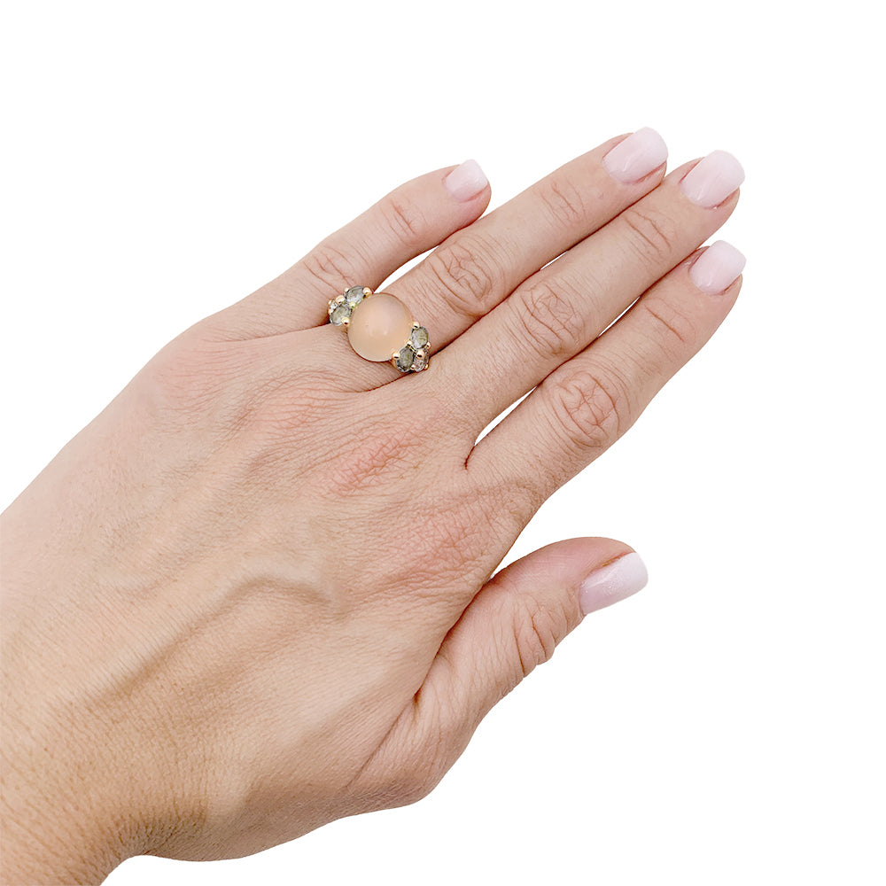 Pomellato ring, "Luna", rose gold, moonstone, aquamarines.