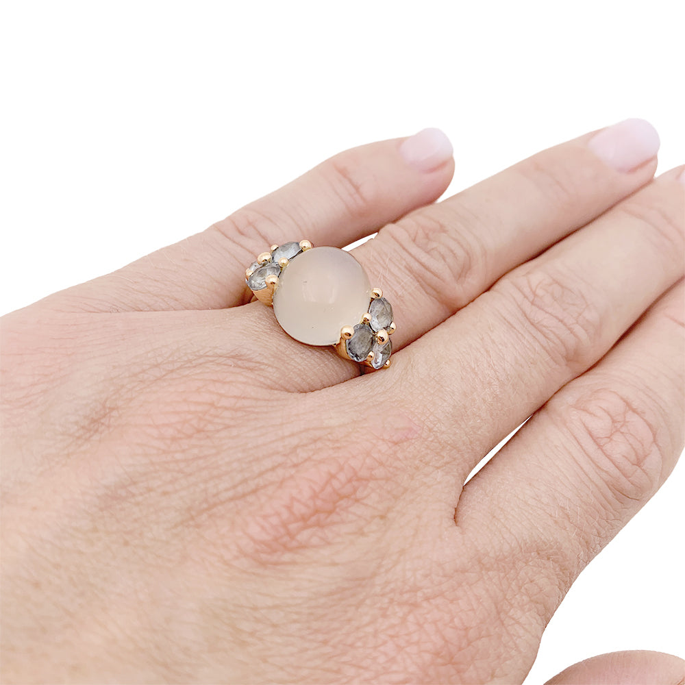 Pomellato ring, "Luna", rose gold, moonstone, aquamarines.