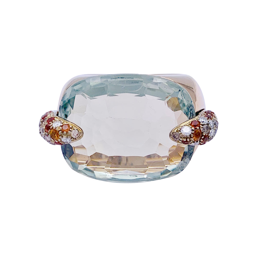 Bague Pomellato, "Pin Up", or rose, prasiolite, diamants, grenats.