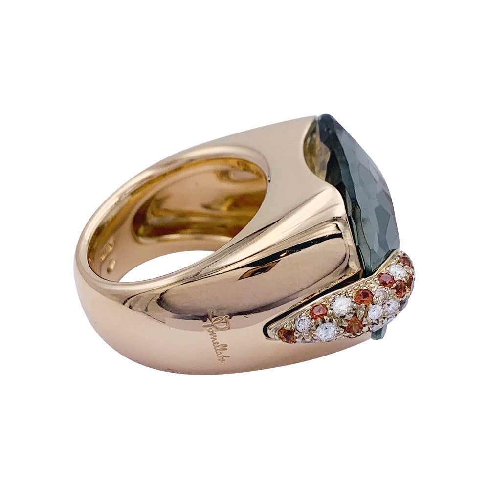 Pomellato ring, "Pin Up", pink gold, prasiolite, diamonds, garnets.