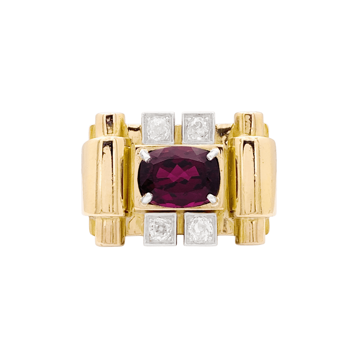 Bague "tank", deux tons d'or, grenat et diamants. - Maison Eloe