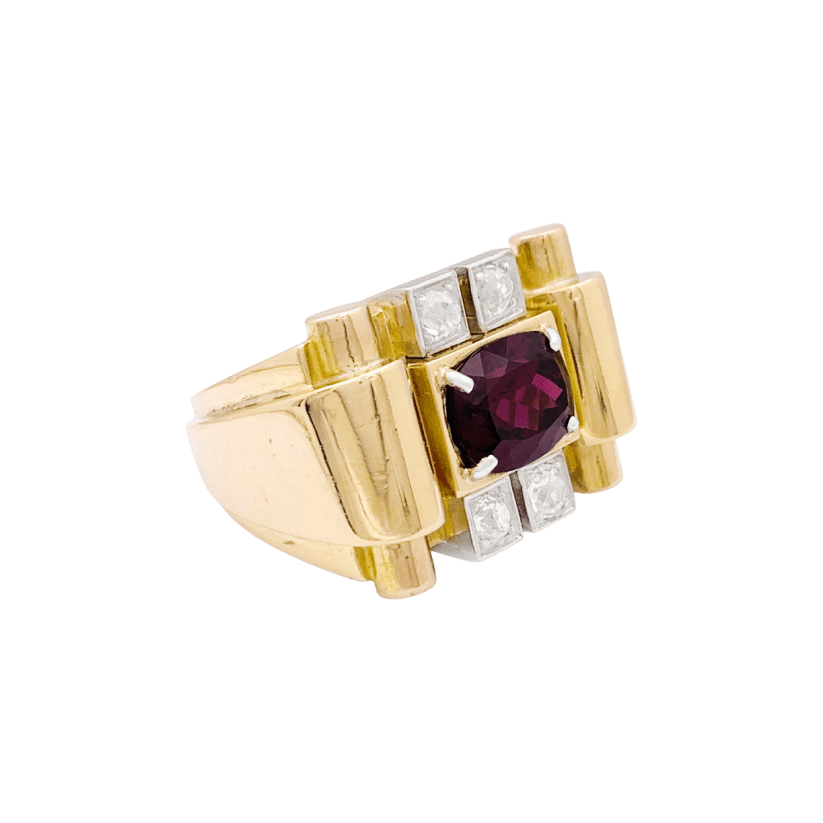 Bague "tank", deux tons d'or, grenat et diamants. - Maison Eloe
