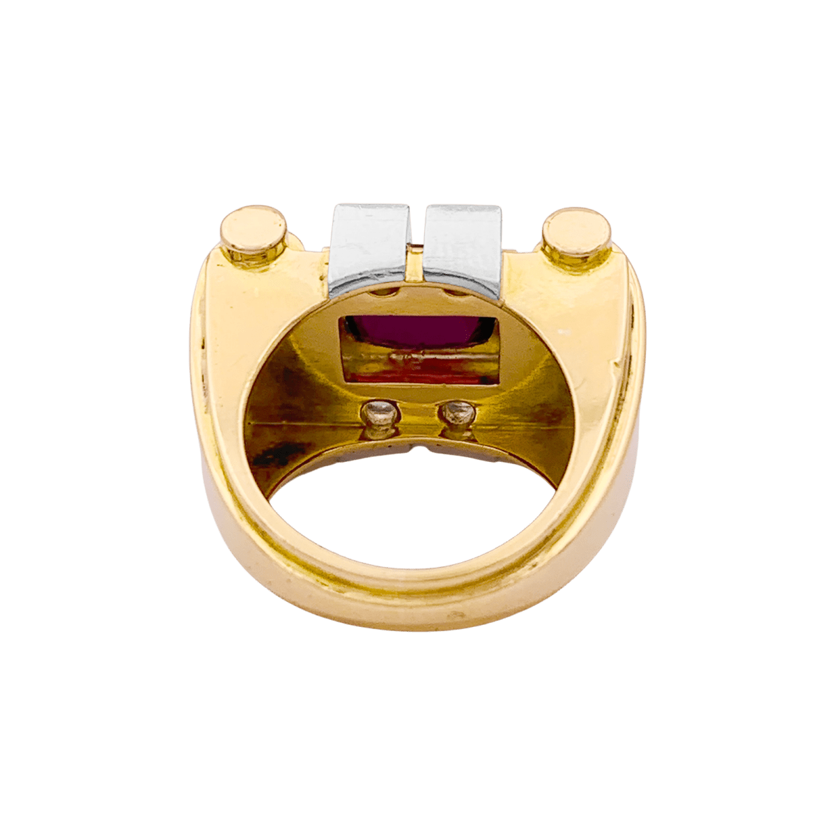Bague "tank", deux tons d'or, grenat et diamants. - Maison Eloe