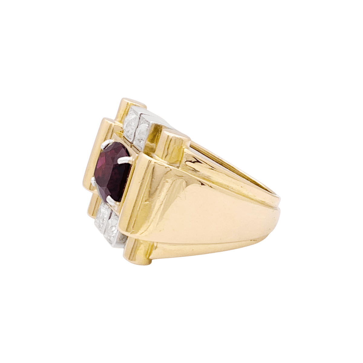Bague "tank", deux tons d'or, grenat et diamants. - Maison Eloe