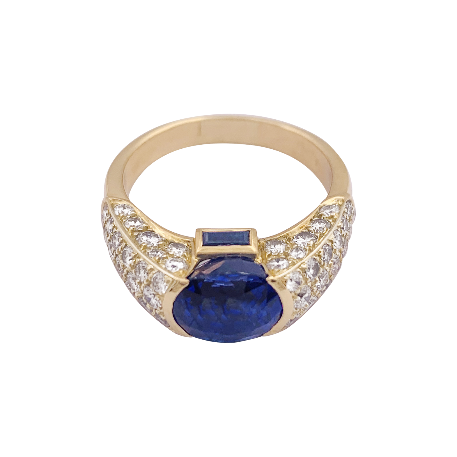 Vintage OJ Perrin ring in yellow gold, diamonds, sapphires.