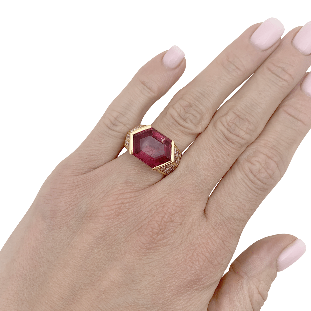 Bague vintage O.J. Perrin or jaune, diamants, tourmaline rose. - Maison Eloe