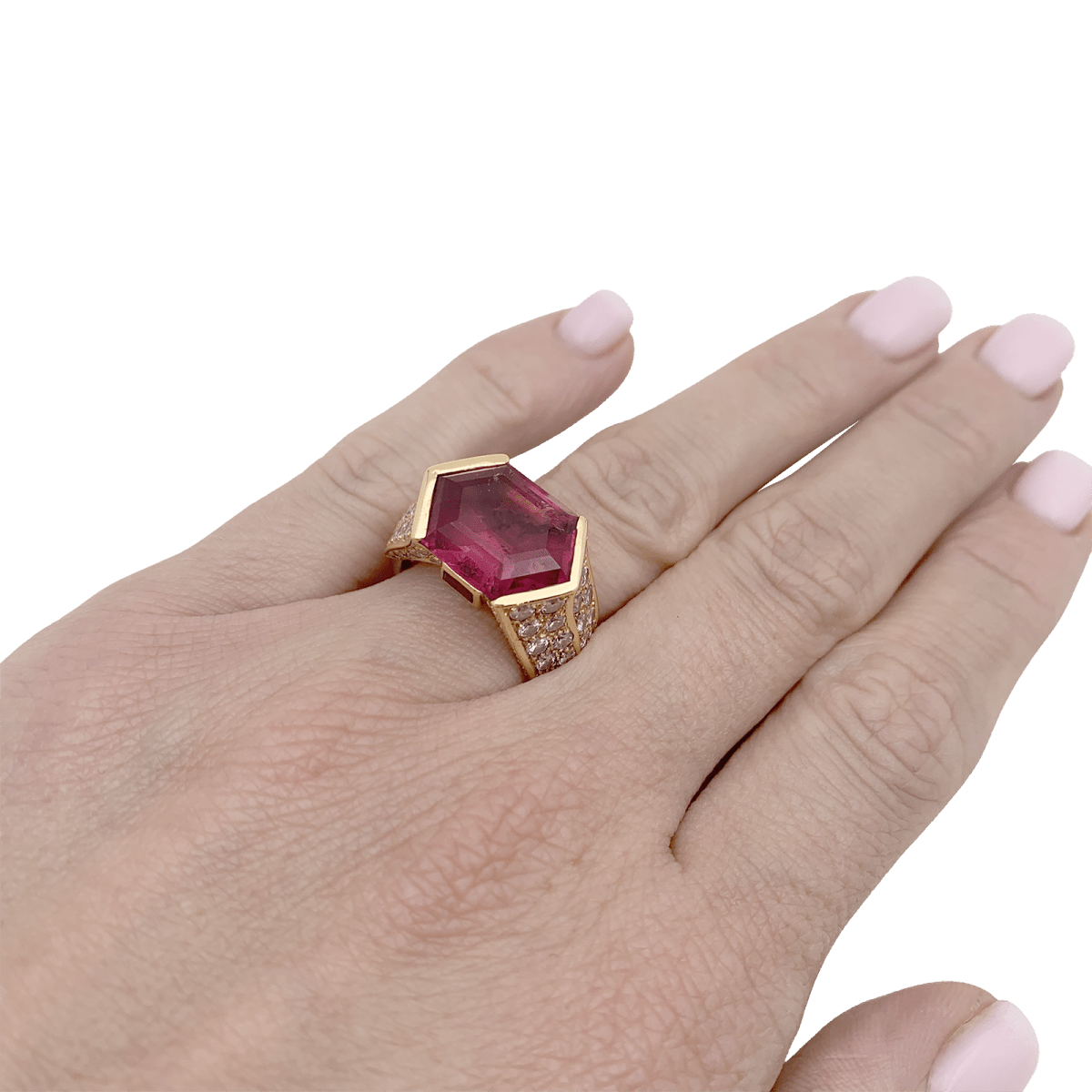 Bague vintage O.J. Perrin or jaune, diamants, tourmaline rose. - Maison Eloe