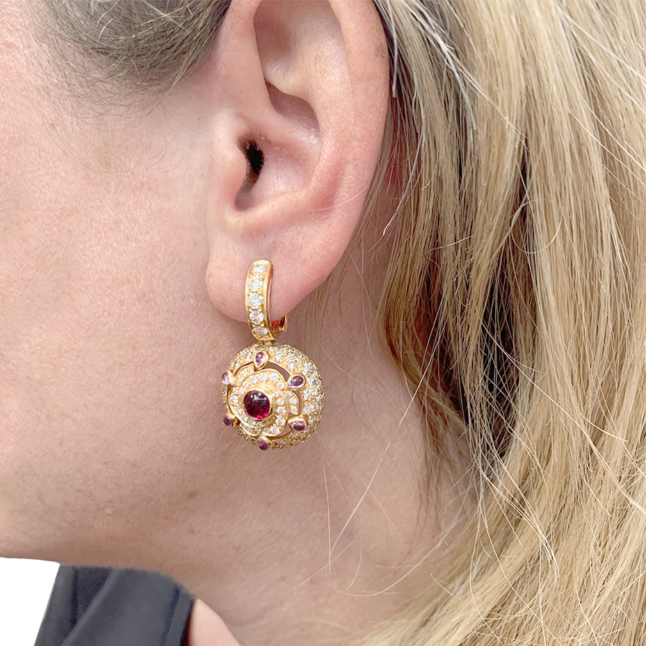 Boucheron earrings, "Jeanne", pink gold, diamonds, pink sapphires and rubies.