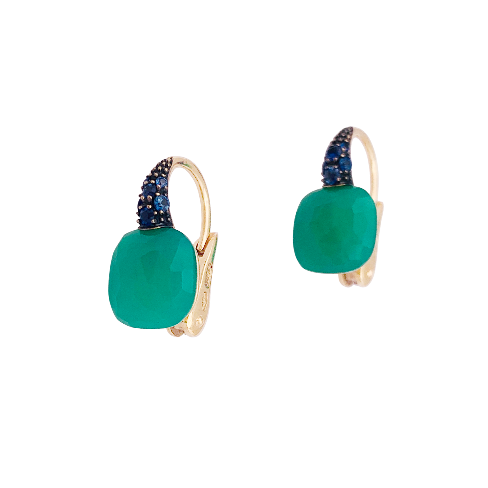Pomellato "Capri" earrings in gold, chrysoprase and sapphires.