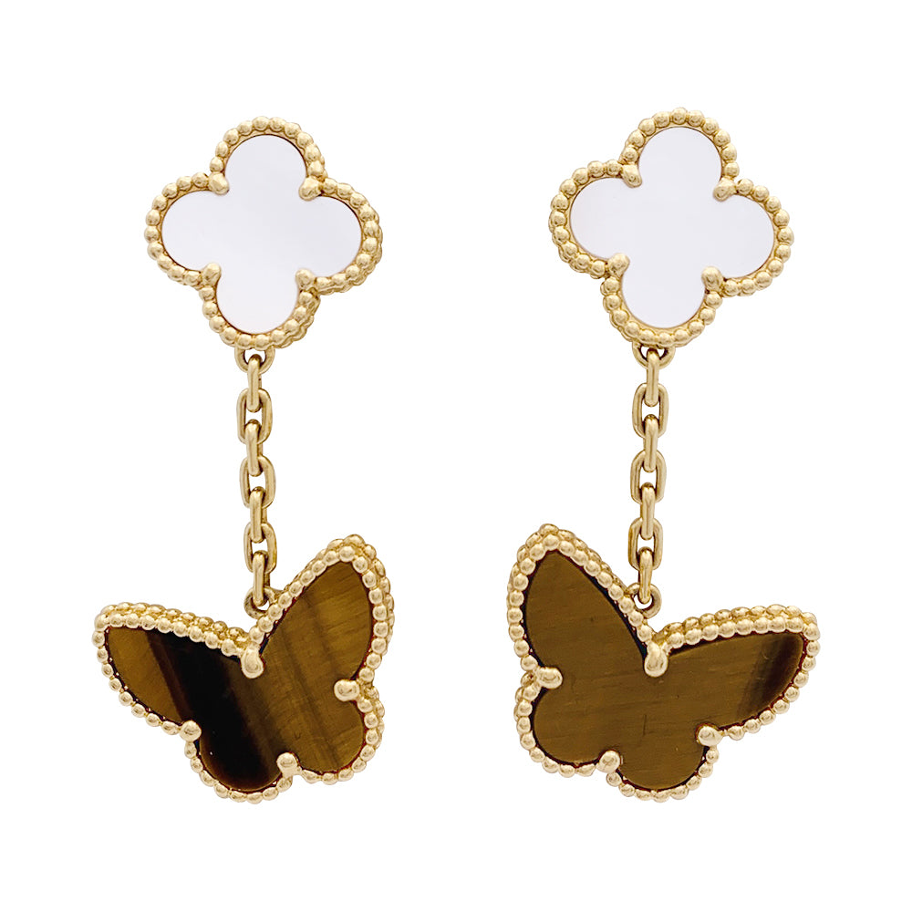 Boucles d'oreilles Van Cleef & Arpels "Lucky Alhambra" or jaune, nacre blanche, oeil de tigre.