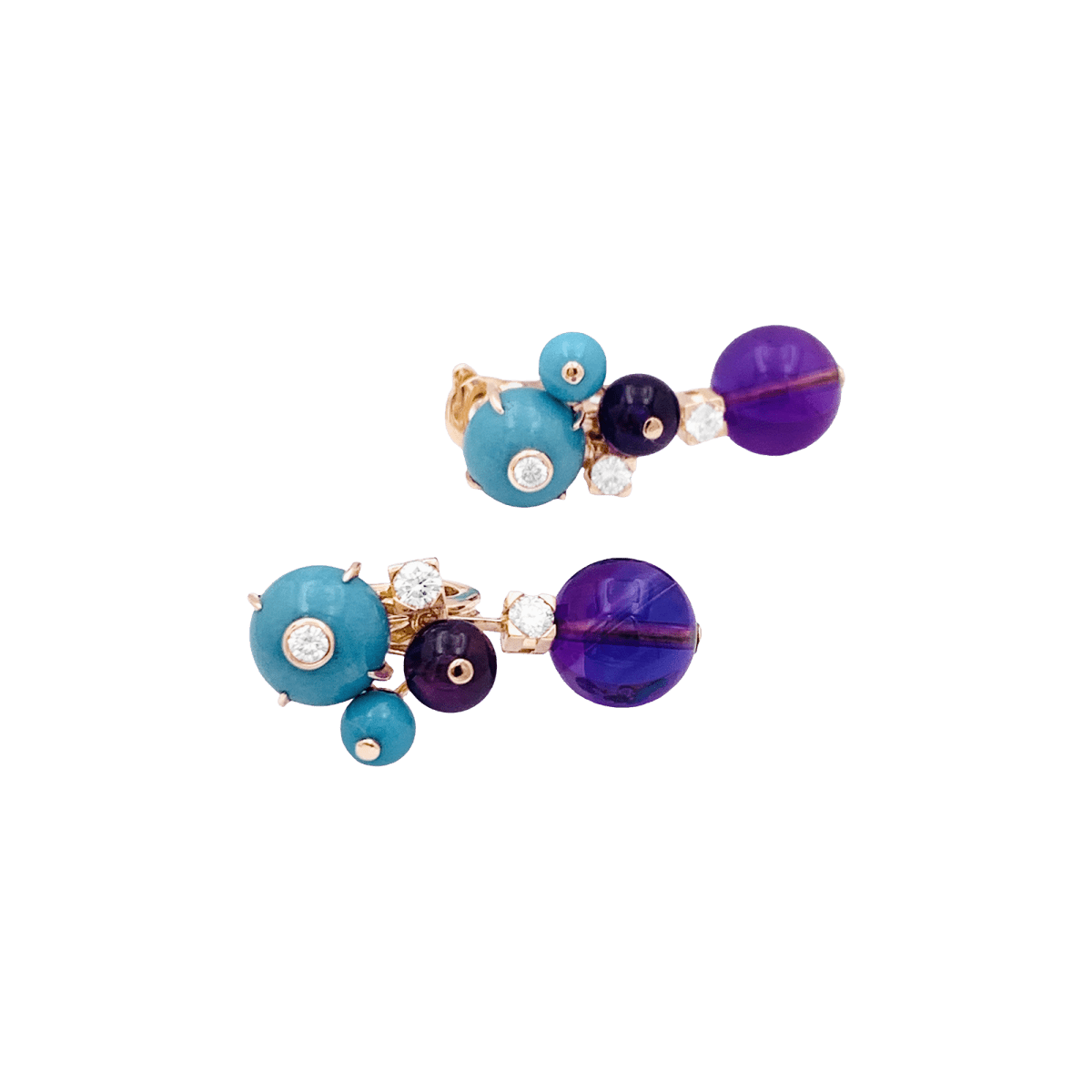 Boucles d'oreilles Cartier "Délices de Goa" en or rose, améthystes, diamants et turquoises. - Maison Eloe