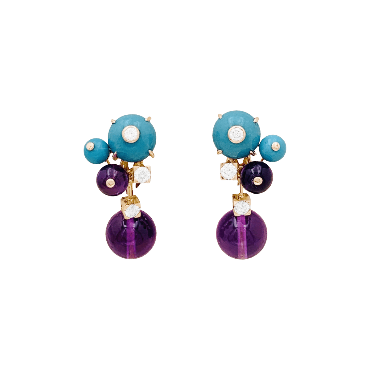 Boucles d'oreilles Cartier "Délices de Goa" en or rose, améthystes, diamants et turquoises. - Maison Eloe