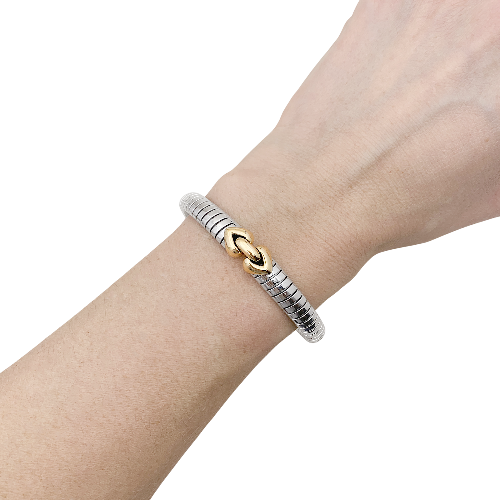Bracelet Bulgari, "Doppio Cuore", or et acier.