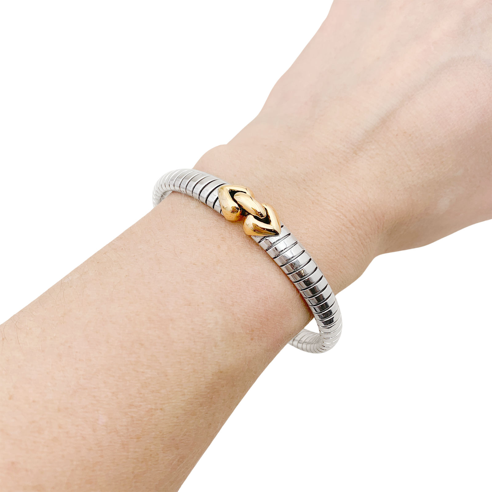 Bracelet Bulgari, "Doppio Cuore", or et acier.
