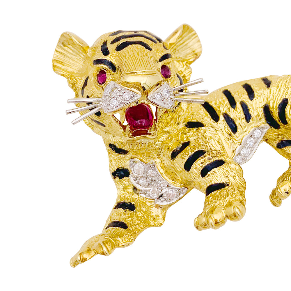 Sanz brooch, "Tiger", yellow gold, diamonds, rubies, enamel.