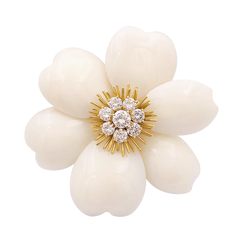 Broche Van Cleef & Arpels "Rose de Noël" or jaune, corail blanc, diamants. - Maison Eloe
