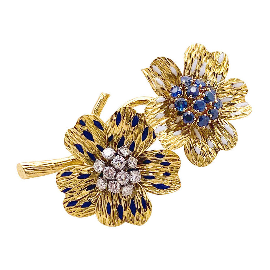Boucheron "Flowers" clip, yellow gold, enamel, diamonds and sapphires.
