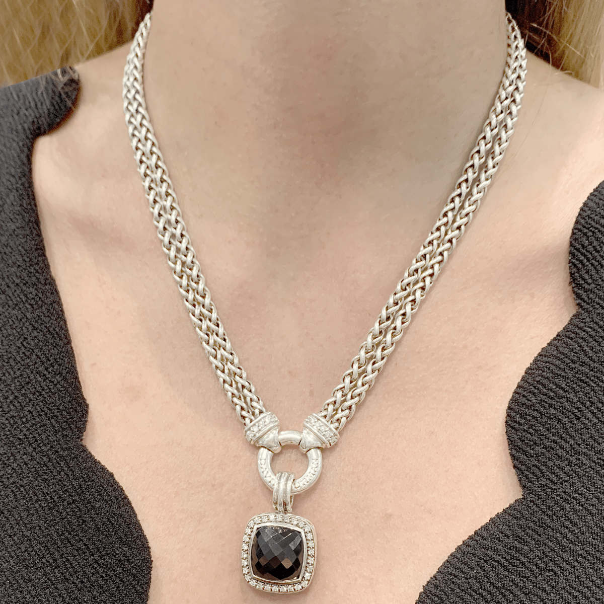 Collier David Yurman, "Grand Albion", argent, hématite, diamants. - Maison Eloe