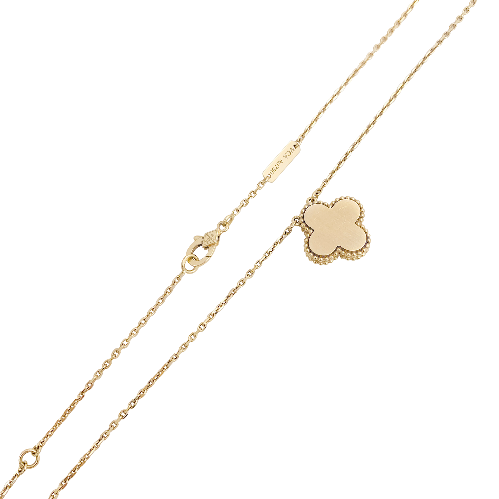 Van Cleef & Arpels "Alhambra" necklace in yellow gold, porcelain, and diamond.