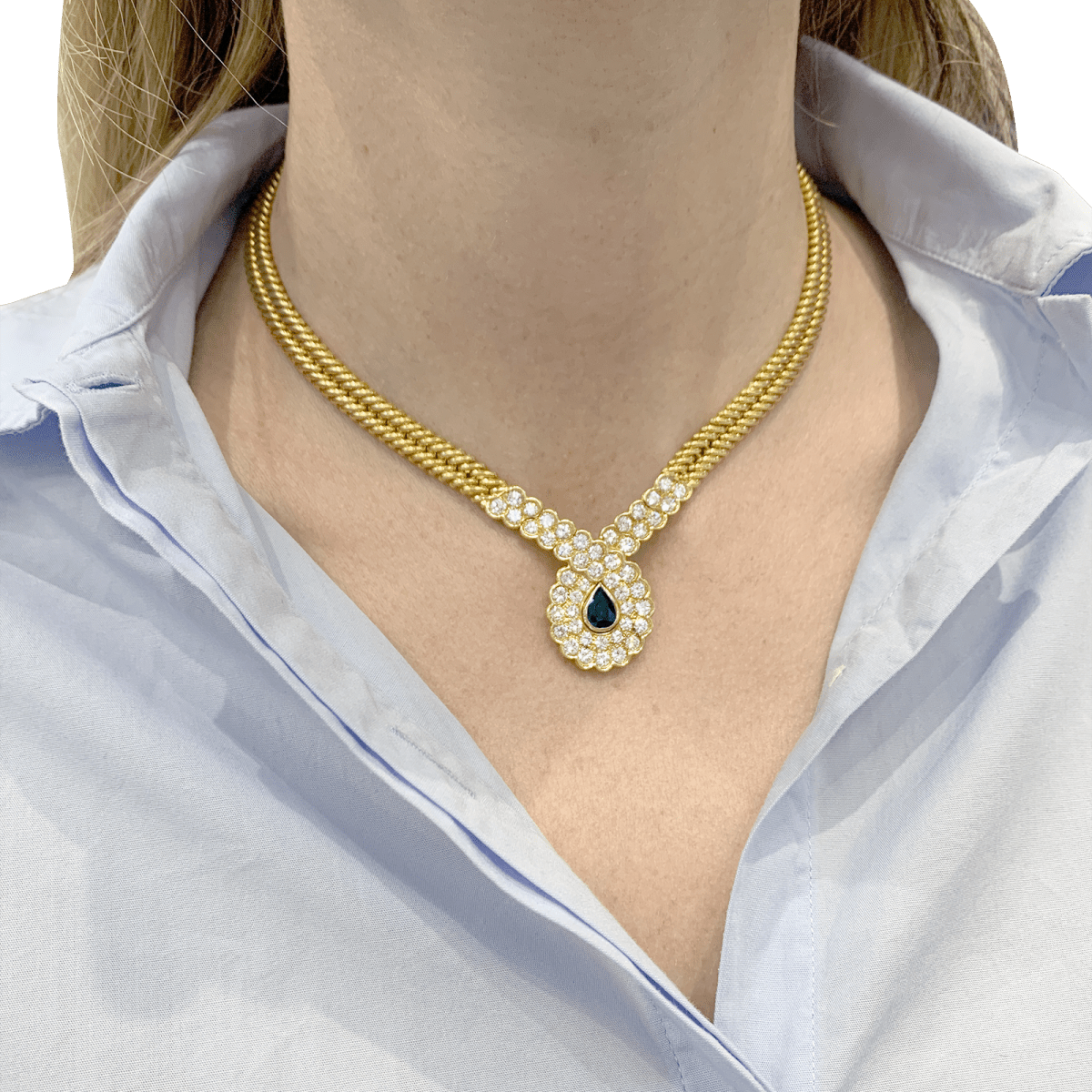 Collier Van Cleef & Arpels, or jaune, saphir, diamants. - Maison Eloe