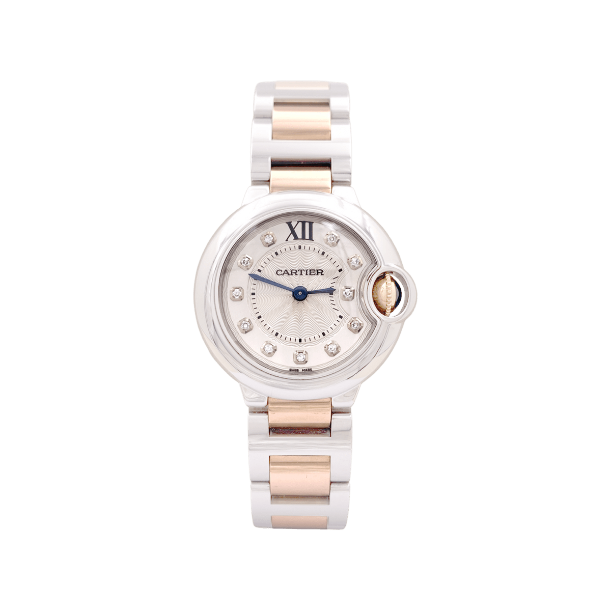 Montre Cartier, "Ballon Bleu de Cartier", acier, or rose, diamants. - Maison Eloe