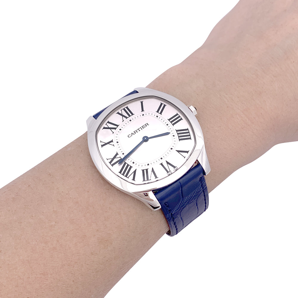 Cartier watch, "Drive de Cartier Extra-Flat", steel, leather.