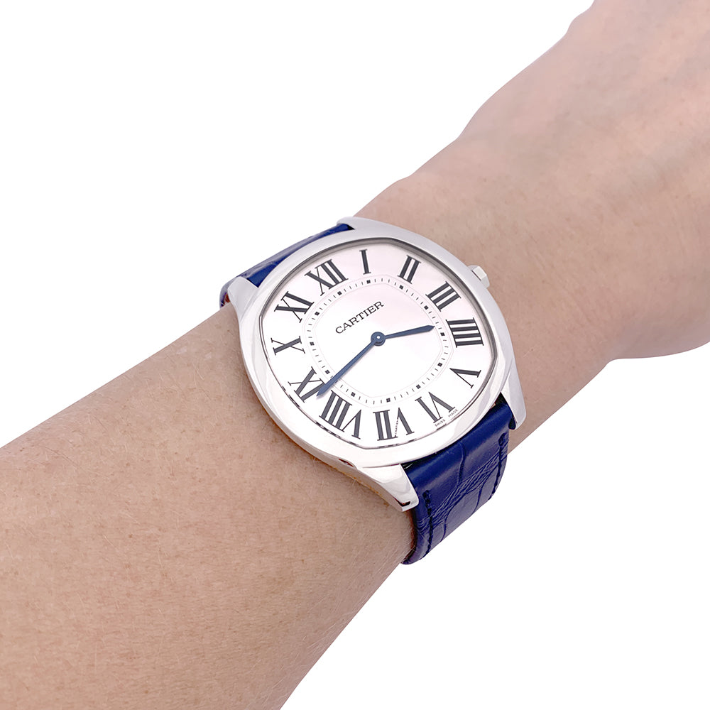 Cartier watch, "Drive de Cartier Extra-Flat", steel, leather.