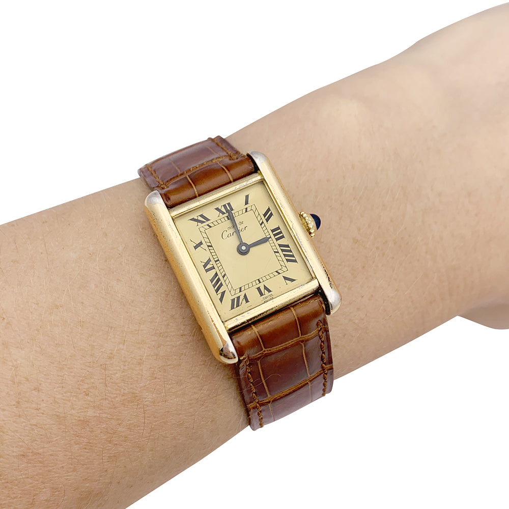 Cartier watch, "Must de Cartier", gold and silver plated, leather.