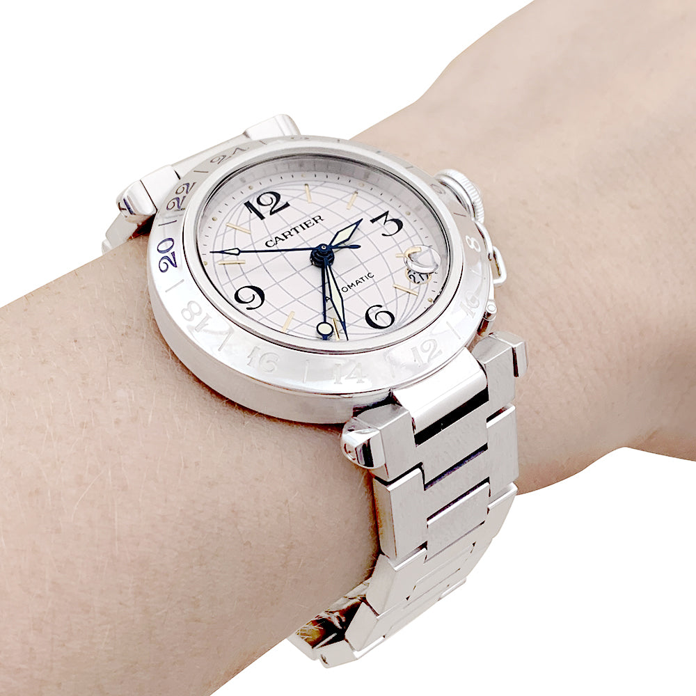 Cartier "Pasha GMT" steel watch.