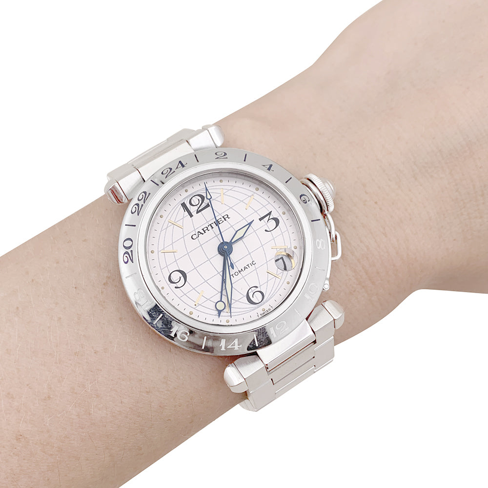 Cartier "Pasha GMT" steel watch.