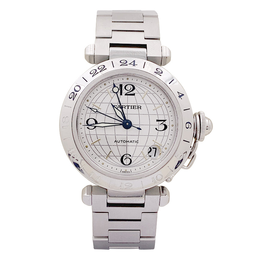 Cartier "Pasha GMT" steel watch.