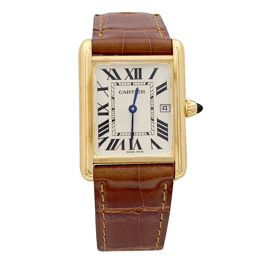 Cartier "Tank Louis Cartier" watch, yellow gold, leather.